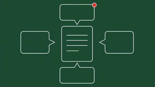 Flat white line-art of several speech-bubble outlines arranged around a central document, on a Forest Green background — cybersecurity responses to the US action on Anthropic's models.
