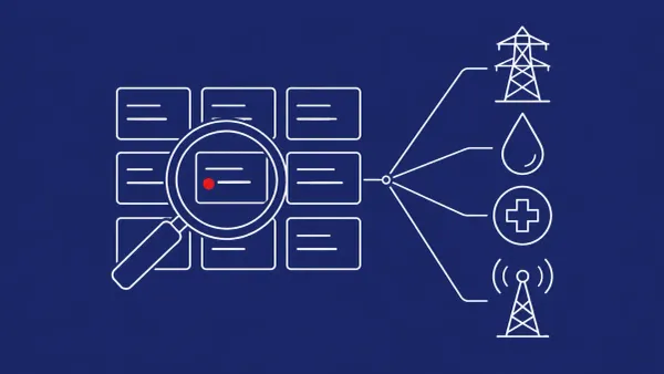 Line-art of a magnifying lens over a grid of code blocks fanning out to power, water and hospital icons; one inspected block carries a flat red dot.