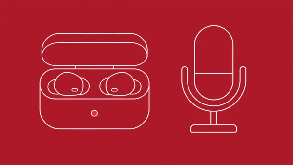 Flat white line-art of a pair of wireless earbuds resting in an open charging case beside a small standing microphone, on a Crimson background — Apple Beats Studio Buds microphone patch.