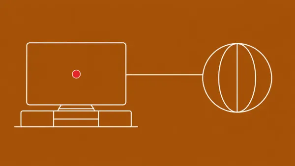Flat white line-art of a living-room smart TV linked by a line to a globe, on a Burnt Amber background — residential proxy scraping.