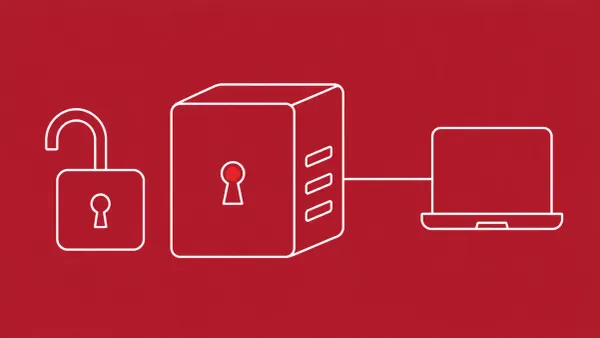 Flat white line-art of a VPN gateway with an open keyhole and an unlocked padlock, on a Crimson background — Check Point VPN zero-day.