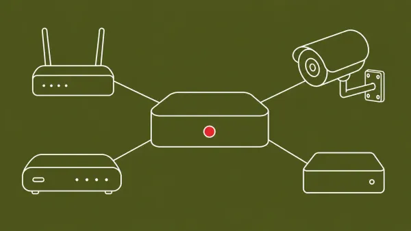 Flat white line-art of a central hub linked to scattered small devices, on an Olive background — China-linked JDY botnet disclosure.