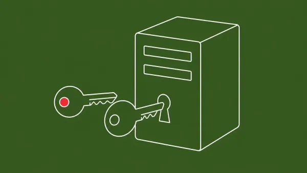 Flat white line-art of a key in a server with a hidden duplicate key behind it, on a moss background — decade-long Linux PAM authentication backdoor.