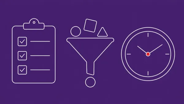 Flat white line-art of a clipboard checklist beside a sorting funnel and a clock, on a Royal Violet background — CISA BOD 26-04 risk-based patching implementation.