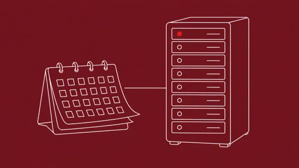 Line-art of an aging enterprise server rack with a calendar page flipped two years back beside it; one open network port carries a single flat red dot.