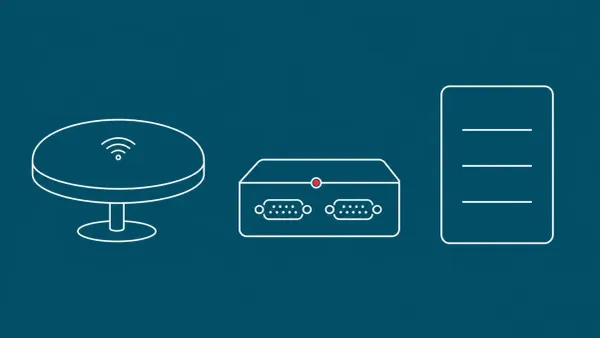 Flat white line-art of a wireless access-point dome, a small serial-device box, and a catalog list card, on a Peacock background — CISA KEV Ubiquiti and Lantronix additions.