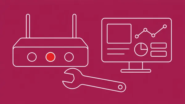 Flat white line-art of a network router beside a management console panel and a wrench, on a Raspberry background — Cisco Catalyst SD-WAN Manager advisory and patch.