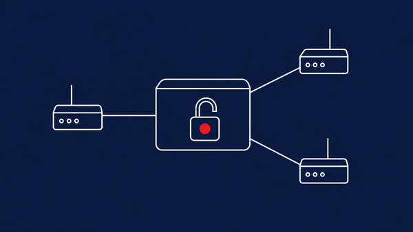 Flat white line-art of a central SD-WAN hub linked to three branch nodes with an open padlock, on a midnight-navy background — Cisco SD-WAN CVE-2026-20245.