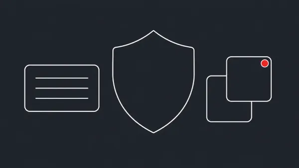 Flat white line-art of a shield with two overlapping patch tiles beside a console panel, on a Charcoal background — Cisco additional SD-WAN Manager patch.