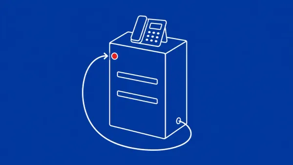 Flat white line-art of a rack-mounted call server with a curved arrow looping back into its own port, on a cobalt background — Cisco Unified CM CVE-2026-20230.