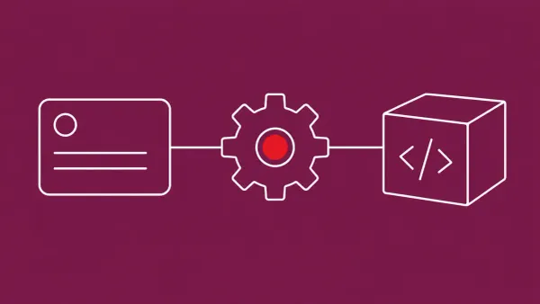 Flat white line-art of an issue ticket feeding a gear workflow linked to a code repository, on a mulberry background — untrusted-input CI/CD action flaw.