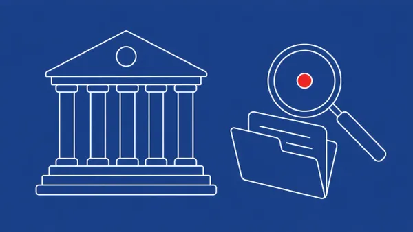 Flat white line-art of a classical institutional building beside a magnifying glass and a document folder, on a Cobalt background — Council of Europe breach investigation.