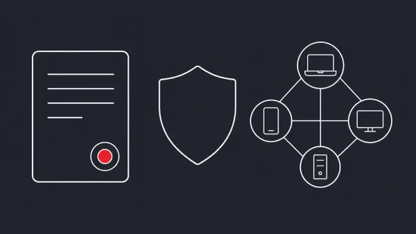 Flat white line-art of a warrant document beside a small mesh of device nodes and a neutral shield — Canada first-of-its-kind botnet-cleanup warrant.