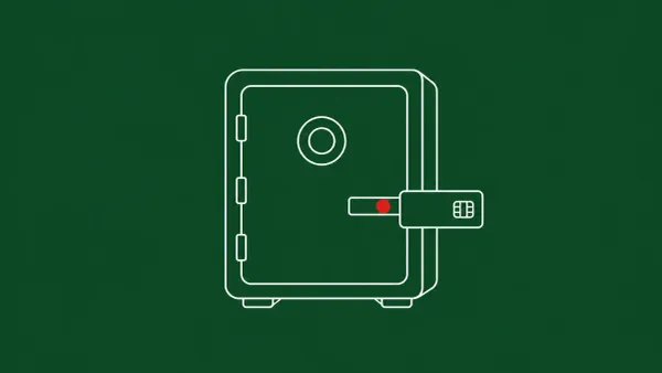 Line-art vault with a key-card icon being inserted into a slot on its front; a single flat red dot marks the card slot.