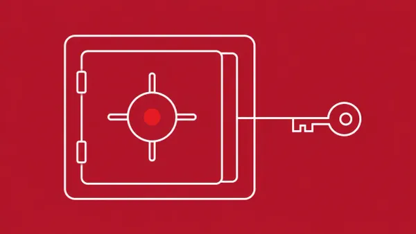 Line-art of a vault door ajar with a small key icon being carried out on a thin line; the vault's combination dial shows a single flat red dot.