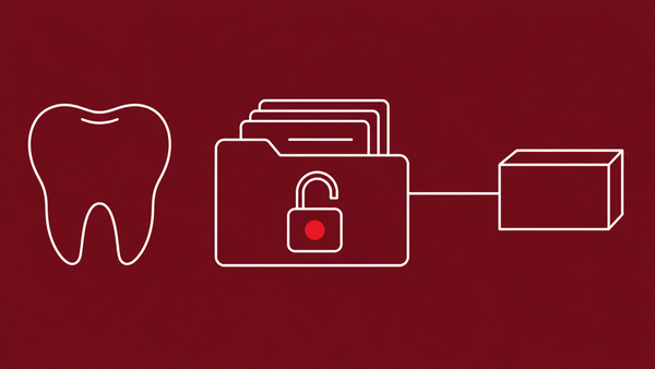 Flat white line-art of a tooth icon beside a stack of records folders with an open padlock, on an oxblood background — DentaQuest 2.6 million-account breach.