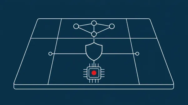 Line-art of a planning table joining a cyber-network node, a shield and a small AI chip into one operations map; the chip carries a flat red dot.