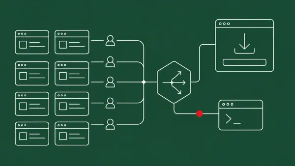 Line-art of website tiles funneling visitor figures through a central routing hub into two malware lures; one routed path carries a single flat red dot.