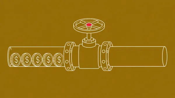 Flat white line-art of a large pipe valve being shut off mid-flow, on an Antique Gold background — Europol AudiA6 takedown.