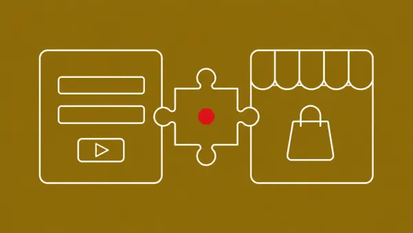 Flat white line-art of a CMS form panel and a storefront tile sharing one puzzle-piece module, on an antique-gold background — WordPress and Magento plugin RCE.