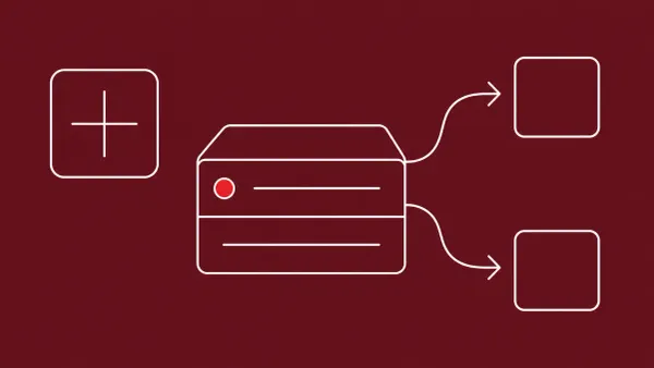 Flat white line-art of a proxy server stack with two routing arrows and a patch tile, on an Oxblood background — F5 NGINX Open Source critical patches.