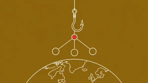 Flat white line-art of a fishing hook lifting a network of linked nodes off a globe, on an Antique Gold background — FBI Outsider takedown.