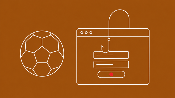 Flat white line-art of a soccer ball beside a lookalike browser window with a fishing hook through it, on a burnt-amber background — FIFA World Cup 2026 scams.