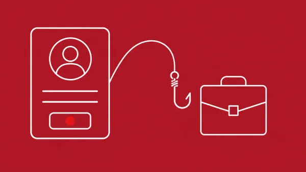 Flat white line-art of a profile card with a connect button and a fishing hook toward a briefcase, on a crimson background — insider recruitment.