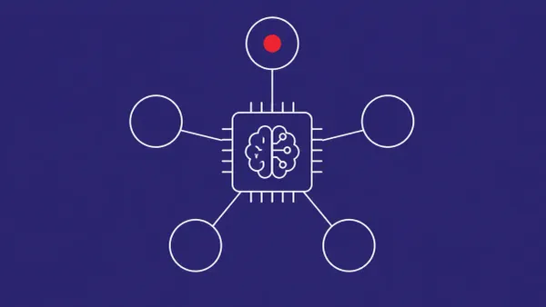 Flat white line-art of five linked nodes in a ring around a central AI chip, on an Indigo background — Five Eyes frontier AI cybersecurity statement.