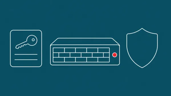 Flat white line-art of a firewall appliance, a credential card and a shield — FortiBleed Fortinet credential-harvesting disclosure.