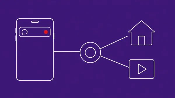 Flat white line-art of a phone with a notification banner feeding an assistant orb that links to a house icon, on a royal-violet background — Gemini hijack.