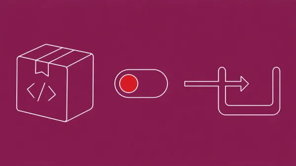 Flat white line-art of a package box with a toggle switch flipped off above an install pipeline, on a Mulberry background — npm 12 install-script default change.