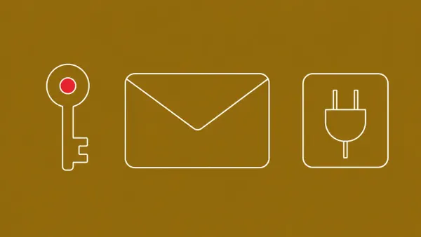 Flat white line-art of an envelope, a key, and a plugin tile — Gravity SMTP WordPress plugin API-key exposure.