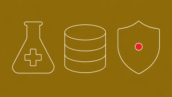 Flat white line-art of a medical research flask, a server database, and a shield, on a Antique Gold background — GTIG China-nexus research-sector advisory.