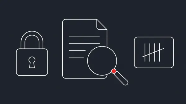 Flat white line-art of a large magnifier over a document beside a simple lock and a tally counter card — INC ransomware-as-a-service research disclosure.