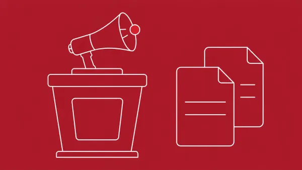 Flat white line-art of a speaker's podium with a megaphone beside two document forms, on a Crimson background — industry reactions to the US action on Anthropic's models.