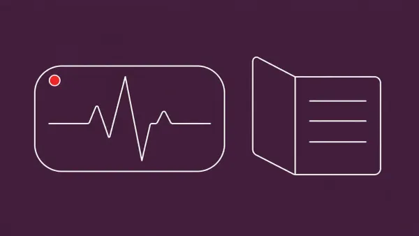Flat white line-art of a large heart-monitor patch outline beside an open record card, on a Aubergine background — iRhythm patient-records data breach disclosure.
