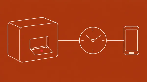 Flat white line-art of a mobile gateway box with an open hatch and a clock face, on a Brick Rust background — Ivanti Sentry critical flaws.