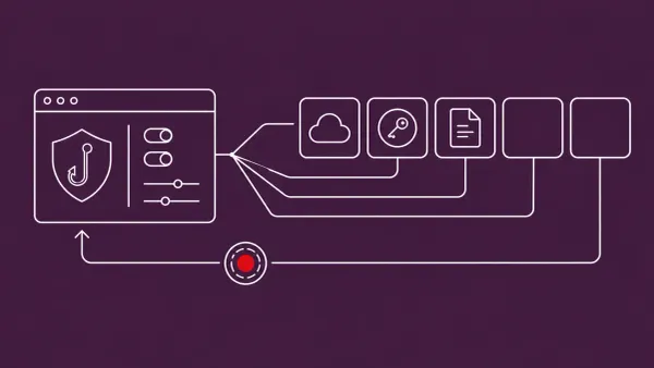 Line-art of a phishing-kit control panel wired to a row of cloud and identity-service icons; a captured OAuth-token tile carries a single flat red dot.