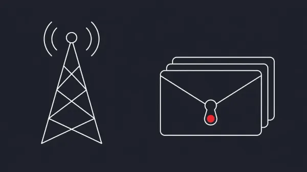 Flat white line-art of a tall telecom tower beside a stack of envelope and credential cards — KDDI Japan ISP email-credential breach.