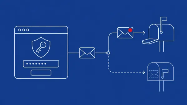 Line-art of an admin-login shield unlocked by a password-reset envelope redirected to a second mailbox; the envelope carries a single flat red dot.