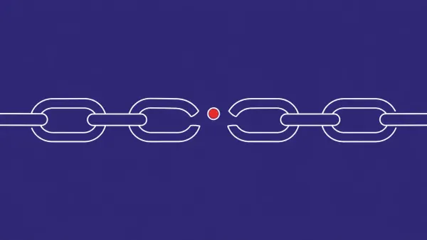 Flat white line-art of a long kernel pipeline with one broken link in a chain, on an indigo background — the nf_tables one-character flaw CVE-2026-23111.