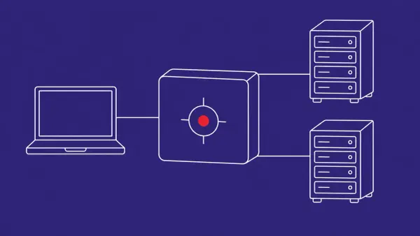 Flat white line-art of a proxy gateway routing requests between an application and stacked model servers, on an Indigo background — LiteLLM patch.