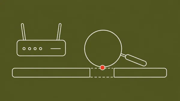 Flat white line-art of a timeline bar with a marked gap, a router node, and a magnifier, on an Olive background — Mandiant Cisco SD-WAN CVE-2026-20245.