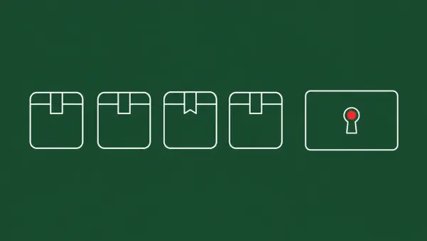Flat white line-art of a row of package boxes with one flagged tile beside a contributor key card — Mastra npm contributor-account compromise.
