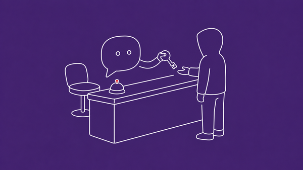 Line-art of a chatbot speech bubble passing an account key across a help-desk counter to a hooded figure; a service bell carries a single flat red dot.