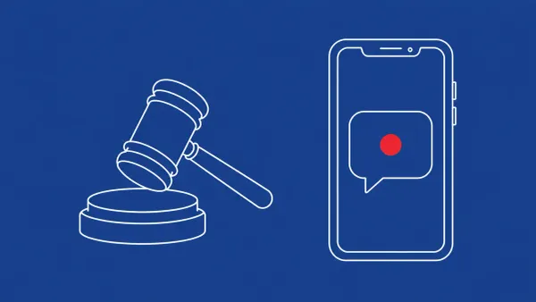 Flat white line-art of a gavel beside a smartphone speech bubble, on a Cobalt background — Meta contempt motion against NSO Group over WhatsApp.