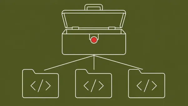 Flat white line-art of a sealed toolbox opening above a row of code repositories, on an Olive background — Miasma toolkit open-sourced on GitHub.