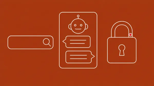 Flat white line-art of a chat assistant panel beside a search field and a closed padlock, on a Brick Rust background — Microsoft 365 Copilot SearchLeak patch.