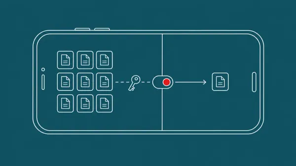 Line-art Android phone: a token key crosses from an Office-app tile to a separate app through a flipped toggle switch marked with one flat red dot.